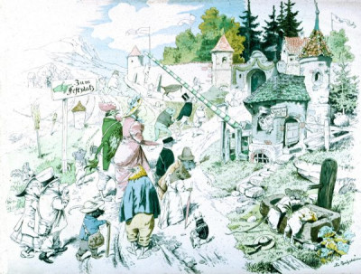 19th Century German Children's Book Illustrations. A selection of magnifincent illustrations, featuring animals in human guises and activities, from DER GESANGVEREIN BRULLARIA UND SEIN STIFTUNGFEST, Ackermann, Munich, 1893. Illustrations by Ludwig Bechstein. And from KONIG NOBEL, EIN HEITERES BILDERBUCH, Wiskott, Breslau, no date (c 1880). Illustrations by Fedor Flinzer. Two books which exemplify both the hight quality of German children’s books and the bizarre nature of some of their illustrations. 24 colour slides. (For an English equivalent, see LVA 1010)