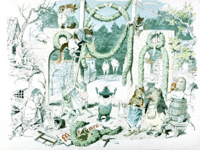 19th Century German Children's Book Illustrations. A selection of magnifincent illustrations, featuring animals in human guises and activities, from DER GESANGVEREIN BRULLARIA UND SEIN STIFTUNGFEST, Ackermann, Munich, 1893. Illustrations by Ludwig Bechstein. And from KONIG NOBEL, EIN HEITERES BILDERBUCH, Wiskott, Breslau, no date (c 1880). Illustrations by Fedor Flinzer. Two books which exemplify both the hight quality of German children’s books and the bizarre nature of some of their illustrations. 24 colour slides. (For an English equivalent, see LVA 1010)