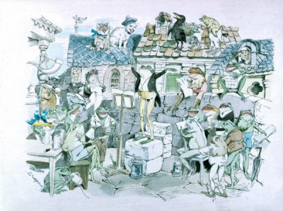 19th Century German Children's Book Illustrations. A selection of magnifincent illustrations, featuring animals in human guises and activities, from DER GESANGVEREIN BRULLARIA UND SEIN STIFTUNGFEST, Ackermann, Munich, 1893. Illustrations by Ludwig Bechstein. And from KONIG NOBEL, EIN HEITERES BILDERBUCH, Wiskott, Breslau, no date (c 1880). Illustrations by Fedor Flinzer. Two books which exemplify both the hight quality of German children’s books and the bizarre nature of some of their illustrations. 24 colour slides. (For an English equivalent, see LVA 1010)