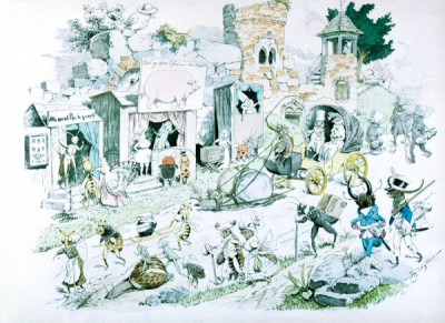 19th Century German Children's Book Illustrations. A selection of magnifincent illustrations, featuring animals in human guises and activities, from DER GESANGVEREIN BRULLARIA UND SEIN STIFTUNGFEST, Ackermann, Munich, 1893. Illustrations by Ludwig Bechstein. And from KONIG NOBEL, EIN HEITERES BILDERBUCH, Wiskott, Breslau, no date (c 1880). Illustrations by Fedor Flinzer. Two books which exemplify both the hight quality of German children’s books and the bizarre nature of some of their illustrations. 24 colour slides. (For an English equivalent, see LVA 1010)
