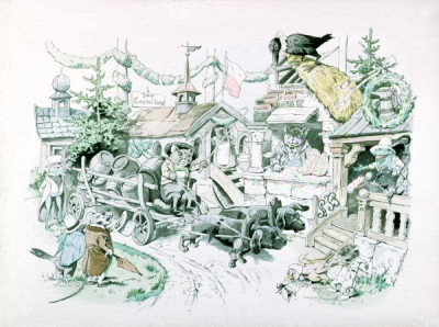 19th Century German Children's Book Illustrations. A selection of magnifincent illustrations, featuring animals in human guises and activities, from DER GESANGVEREIN BRULLARIA UND SEIN STIFTUNGFEST, Ackermann, Munich, 1893. Illustrations by Ludwig Bechstein. And from KONIG NOBEL, EIN HEITERES BILDERBUCH, Wiskott, Breslau, no date (c 1880). Illustrations by Fedor Flinzer. Two books which exemplify both the hight quality of German children’s books and the bizarre nature of some of their illustrations. 24 colour slides. (For an English equivalent, see LVA 1010)