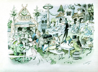 19th Century German Children's Book Illustrations. A selection of magnifincent illustrations, featuring animals in human guises and activities, from DER GESANGVEREIN BRULLARIA UND SEIN STIFTUNGFEST, Ackermann, Munich, 1893. Illustrations by Ludwig Bechstein. And from KONIG NOBEL, EIN HEITERES BILDERBUCH, Wiskott, Breslau, no date (c 1880). Illustrations by Fedor Flinzer. Two books which exemplify both the hight quality of German children’s books and the bizarre nature of some of their illustrations. 24 colour slides. (For an English equivalent, see LVA 1010)