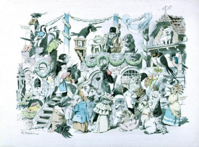 19th Century German Children's Book Illustrations. A selection of magnifincent illustrations, featuring animals in human guises and activities, from DER GESANGVEREIN BRULLARIA UND SEIN STIFTUNGFEST, Ackermann, Munich, 1893. Illustrations by Ludwig Bechstein. And from KONIG NOBEL, EIN HEITERES BILDERBUCH, Wiskott, Breslau, no date (c 1880). Illustrations by Fedor Flinzer. Two books which exemplify both the hight quality of German children’s books and the bizarre nature of some of their illustrations. 24 colour slides. (For an English equivalent, see LVA 1010)