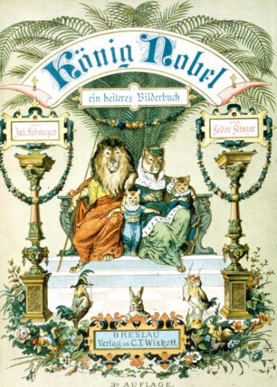 19th Century German Children's Book Illustrations. A selection of magnifincent illustrations, featuring animals in human guises and activities, from DER GESANGVEREIN BRULLARIA UND SEIN STIFTUNGFEST, Ackermann, Munich, 1893. Illustrations by Ludwig Bechstein. And from KONIG NOBEL, EIN HEITERES BILDERBUCH, Wiskott, Breslau, no date (c 1880). Illustrations by Fedor Flinzer. Two books which exemplify both the hight quality of German children’s books and the bizarre nature of some of their illustrations. 24 colour slides. (For an English equivalent, see LVA 1010)
