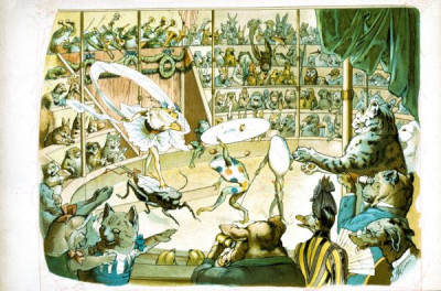 19th Century German Children's Book Illustrations. A selection of magnifincent illustrations, featuring animals in human guises and activities, from DER GESANGVEREIN BRULLARIA UND SEIN STIFTUNGFEST, Ackermann, Munich, 1893. Illustrations by Ludwig Bechstein. And from KONIG NOBEL, EIN HEITERES BILDERBUCH, Wiskott, Breslau, no date (c 1880). Illustrations by Fedor Flinzer. Two books which exemplify both the hight quality of German children’s books and the bizarre nature of some of their illustrations. 24 colour slides. (For an English equivalent, see LVA 1010)
