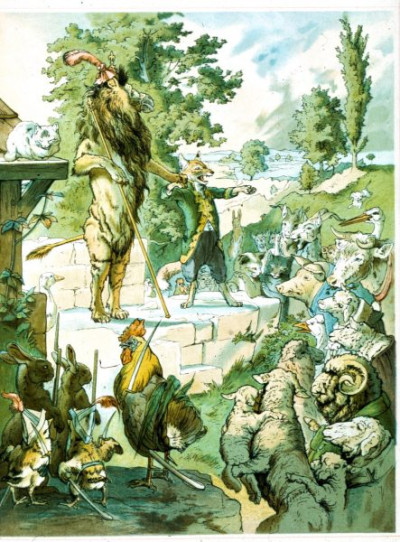 19th Century German Children's Book Illustrations. A selection of magnifincent illustrations, featuring animals in human guises and activities, from DER GESANGVEREIN BRULLARIA UND SEIN STIFTUNGFEST, Ackermann, Munich, 1893. Illustrations by Ludwig Bechstein. And from KONIG NOBEL, EIN HEITERES BILDERBUCH, Wiskott, Breslau, no date (c 1880). Illustrations by Fedor Flinzer. Two books which exemplify both the hight quality of German children’s books and the bizarre nature of some of their illustrations. 24 colour slides. (For an English equivalent, see LVA 1010)