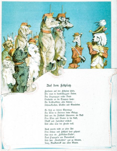 19th Century German Children's Book Illustrations. A selection of magnifincent illustrations, featuring animals in human guises and activities, from DER GESANGVEREIN BRULLARIA UND SEIN STIFTUNGFEST, Ackermann, Munich, 1893. Illustrations by Ludwig Bechstein. And from KONIG NOBEL, EIN HEITERES BILDERBUCH, Wiskott, Breslau, no date (c 1880). Illustrations by Fedor Flinzer. Two books which exemplify both the hight quality of German children’s books and the bizarre nature of some of their illustrations. 24 colour slides. (For an English equivalent, see LVA 1010)