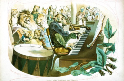 19th Century German Children's Book Illustrations. A selection of magnifincent illustrations, featuring animals in human guises and activities, from DER GESANGVEREIN BRULLARIA UND SEIN STIFTUNGFEST, Ackermann, Munich, 1893. Illustrations by Ludwig Bechstein. And from KONIG NOBEL, EIN HEITERES BILDERBUCH, Wiskott, Breslau, no date (c 1880). Illustrations by Fedor Flinzer. Two books which exemplify both the hight quality of German children’s books and the bizarre nature of some of their illustrations. 24 colour slides. (For an English equivalent, see LVA 1010)