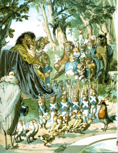 19th Century German Children's Book Illustrations. A selection of magnifincent illustrations, featuring animals in human guises and activities, from DER GESANGVEREIN BRULLARIA UND SEIN STIFTUNGFEST, Ackermann, Munich, 1893. Illustrations by Ludwig Bechstein. And from KONIG NOBEL, EIN HEITERES BILDERBUCH, Wiskott, Breslau, no date (c 1880). Illustrations by Fedor Flinzer. Two books which exemplify both the hight quality of German children’s books and the bizarre nature of some of their illustrations. 24 colour slides. (For an English equivalent, see LVA 1010)