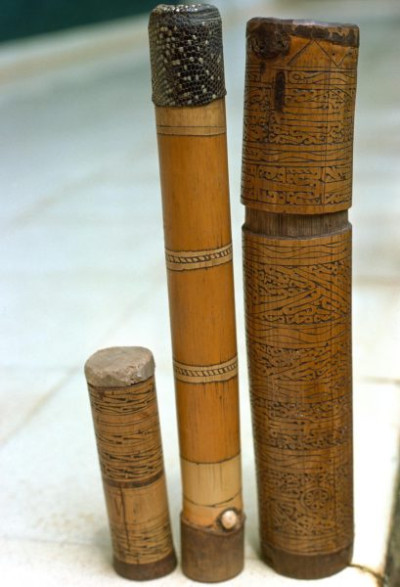 A selection of carved figures, canoe prows and ornaments from the Asmat tribe of Irian Java, the Indonesian part of New Guinea.