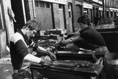 Fishing Industry: Fish Gutters, North Shields Quay, Tyneside, 1979