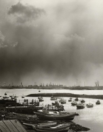 Tees Estuary: A dramatic hailstorm falls on Middlesbrough whilst South Gare enjoys bright sunshine, May 1981
